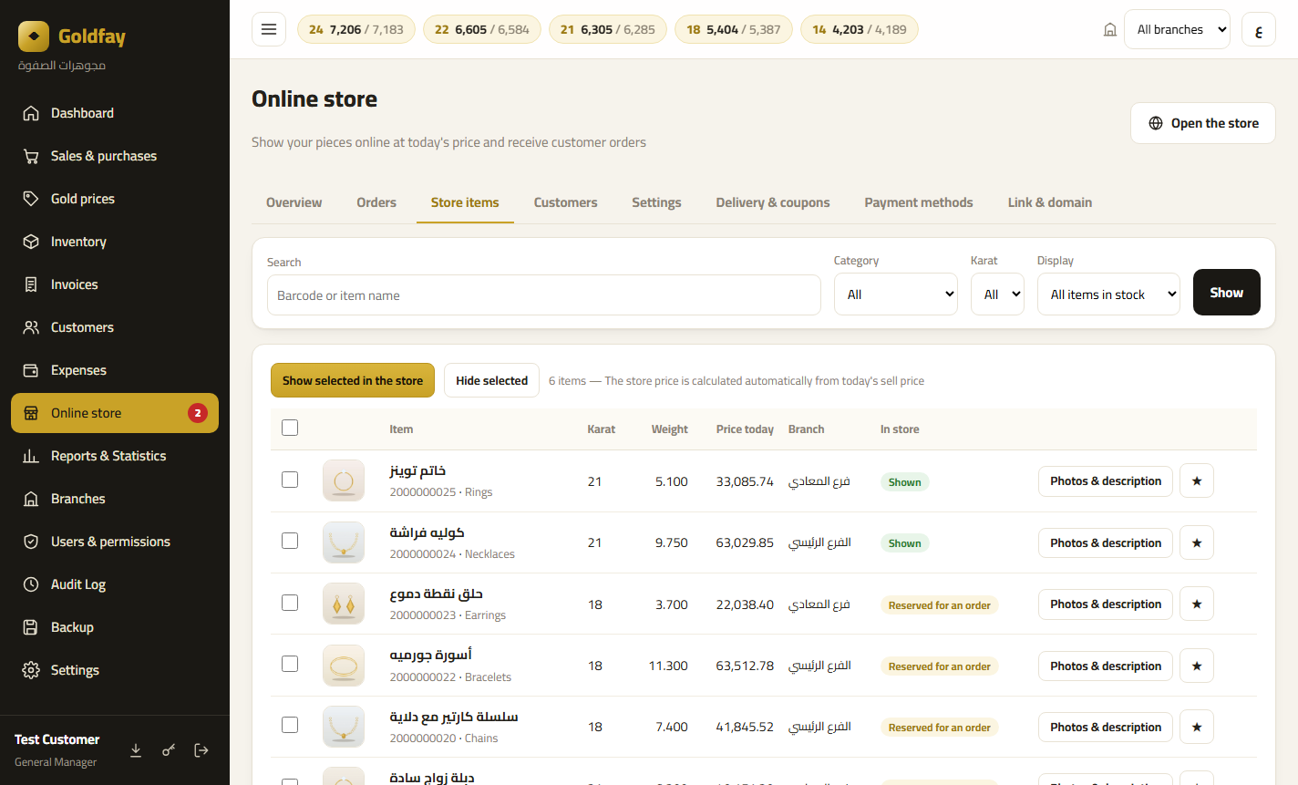 Store dashboard: showing inventory items — Goldfay gold shop software